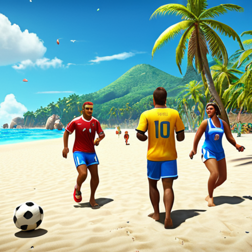 **

Prompt: A vibrant, sunny beach scene with FC Mobile players in summer-themed outfits playing soccer. Palm trees, clear blue water, and a festive atmosphere. Include in-game currency and event icons scattered around, suggesting rewards and challenges. Tropical vibe.

**