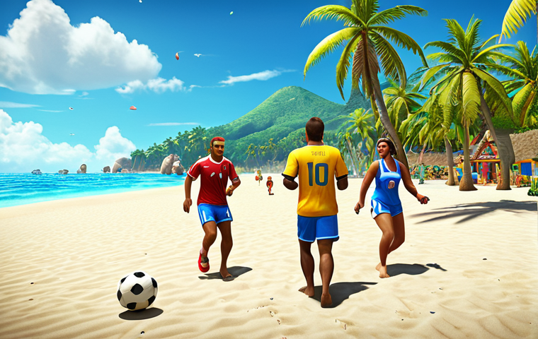 **
Prompt: A vibrant, sunny beach scene with FC Mobile players in summer-themed outfits playing soccer. Palm trees, clear blue water, and a festive atmosphere. Include in-game currency and event icons scattered around, suggesting rewards and challenges. Tropical vibe.
**